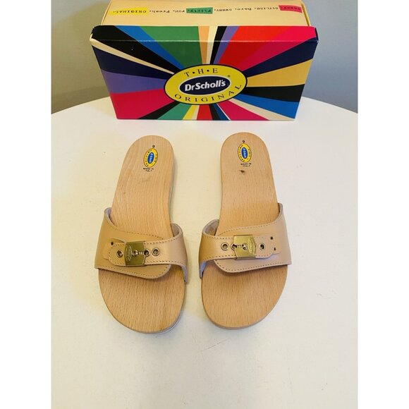 Dr Scholls Women Size 9 M Wood Exercise Clog Sandal Tan Leather Slide Shoe New - Picture 5 of 13